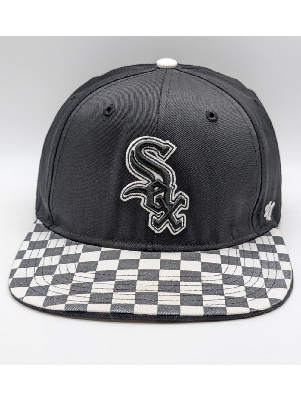 Chicago White Sox Snapback Hat YOUTH '47 Brand Black White Checkered Flat Bill - Picture 2 of 6